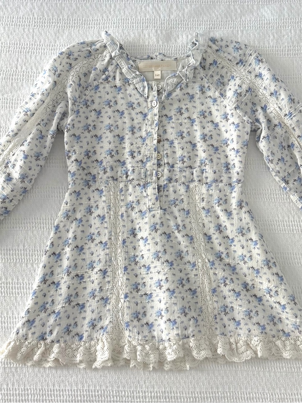 LoveShackFancy Girls' Blue and White Floral Ruffle Tunic
